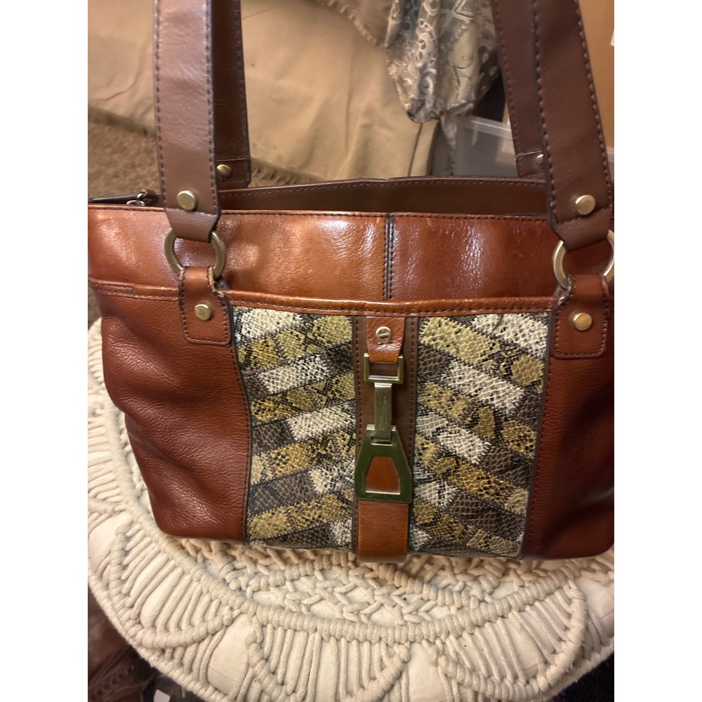 Etienne Aigner Brown Leather Snakeskin Panel Shoulder Bag Tote Gold Hardware